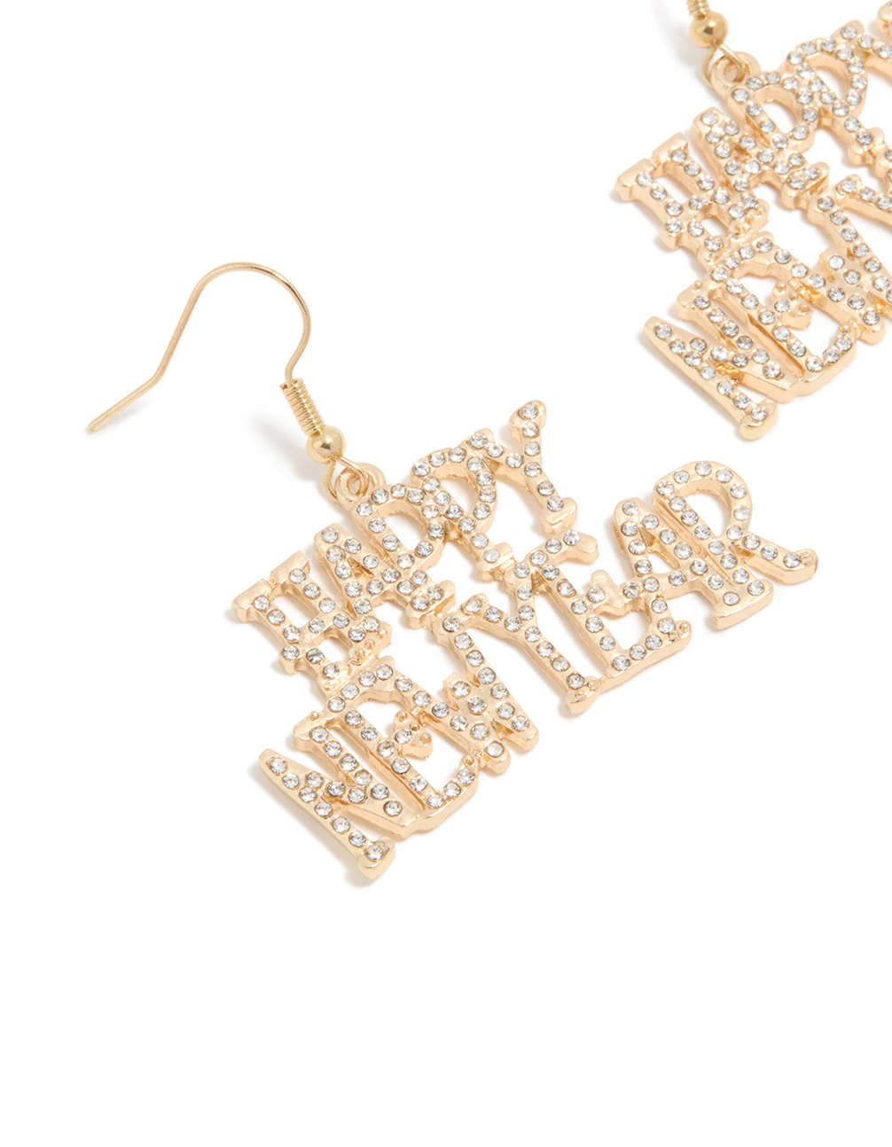 Gold Diamante Happy New Year Drop Earrings - Image 2