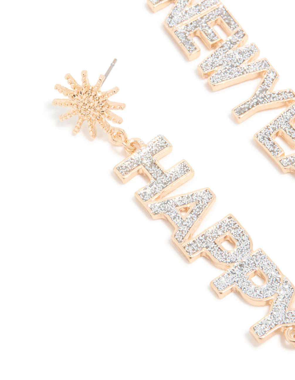 Gold Diamante Happy New Year Star Drop Earrings - Image 2