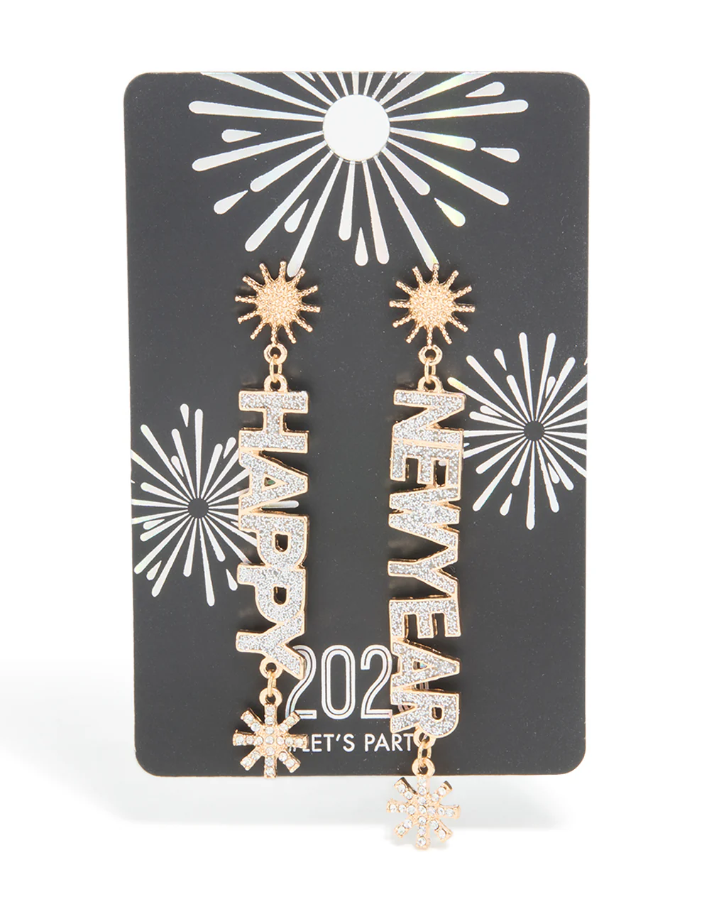 Gold Diamante Happy New Year Star Drop Earrings - Image 3