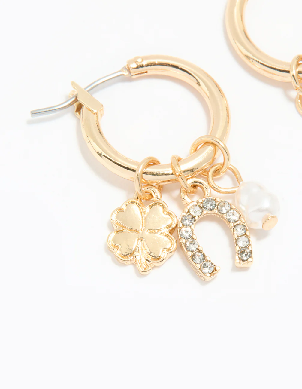 Gold Diamante Horseshoe & Clover Huggie Earrings - Image 4