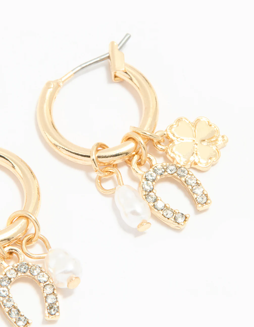 Gold Diamante Horseshoe & Clover Huggie Earrings - Image 5
