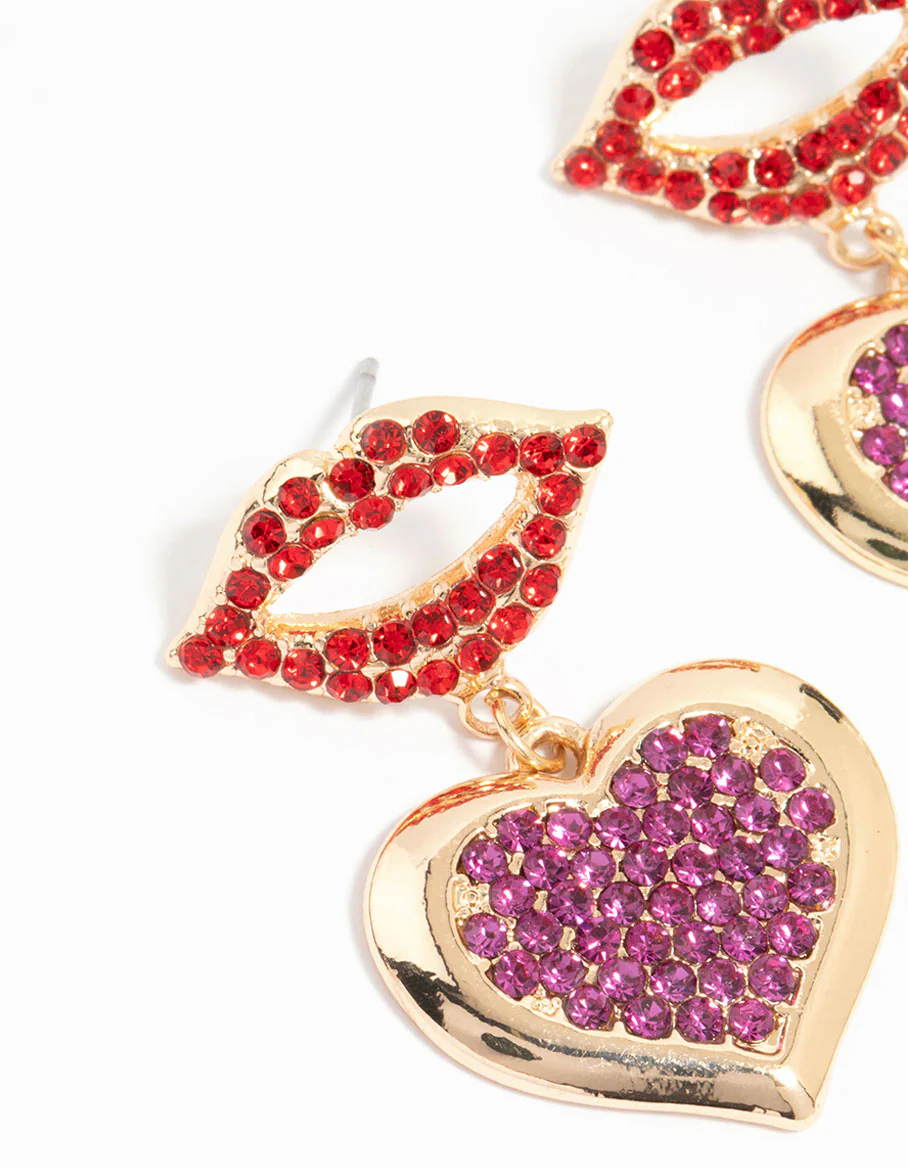 Gold Diamante Kiss & Heart Drop Earrings - Image 2