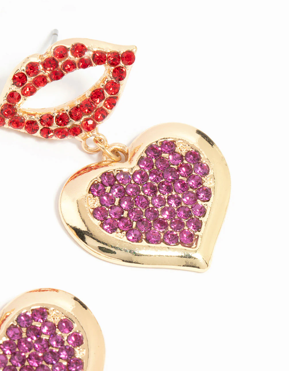 Gold Diamante Kiss & Heart Drop Earrings - Image 3