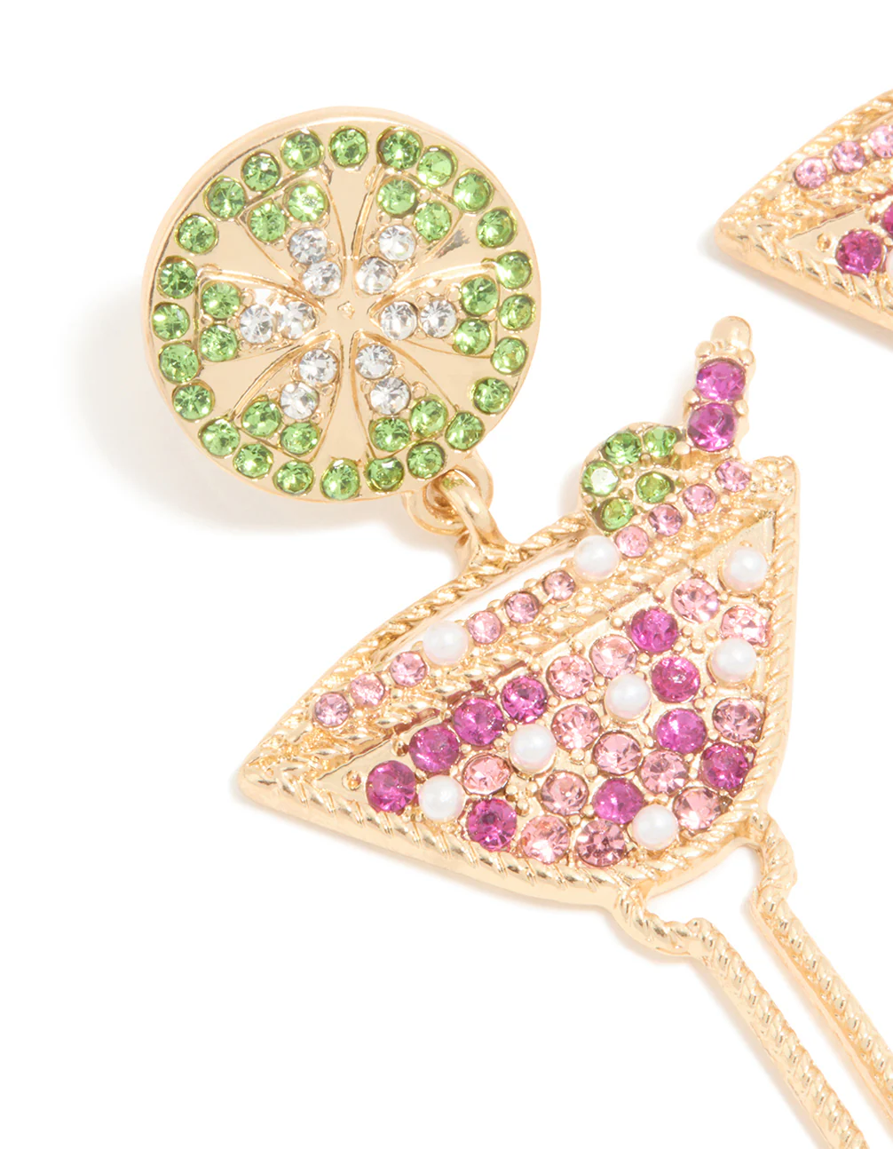 Gold Diamante Martini Cocktail Drop Earrings - Image 2