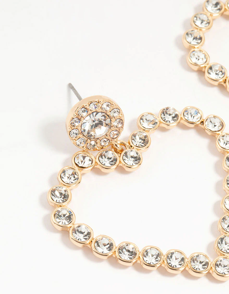 Gold Diamante Mega Heart Drop Earrings - Image 2