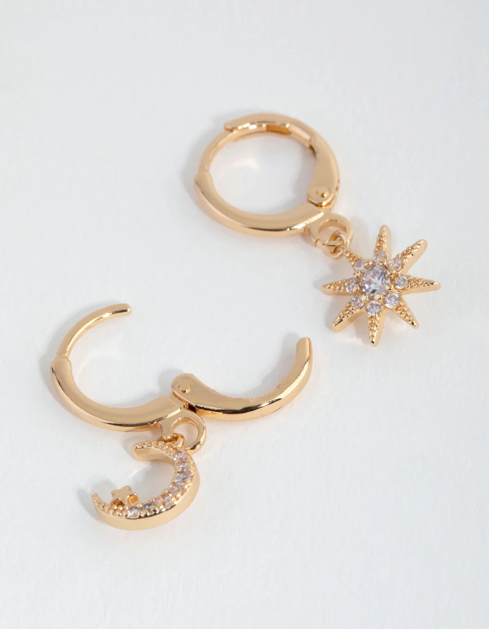 Gold Diamante Mismatched Celestial Huggie Earrings - Image 2