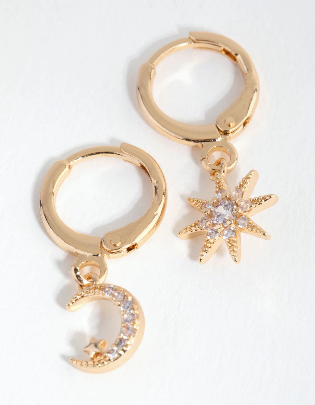Gold Diamante Mismatched Celestial Huggie Earrings - Image 3