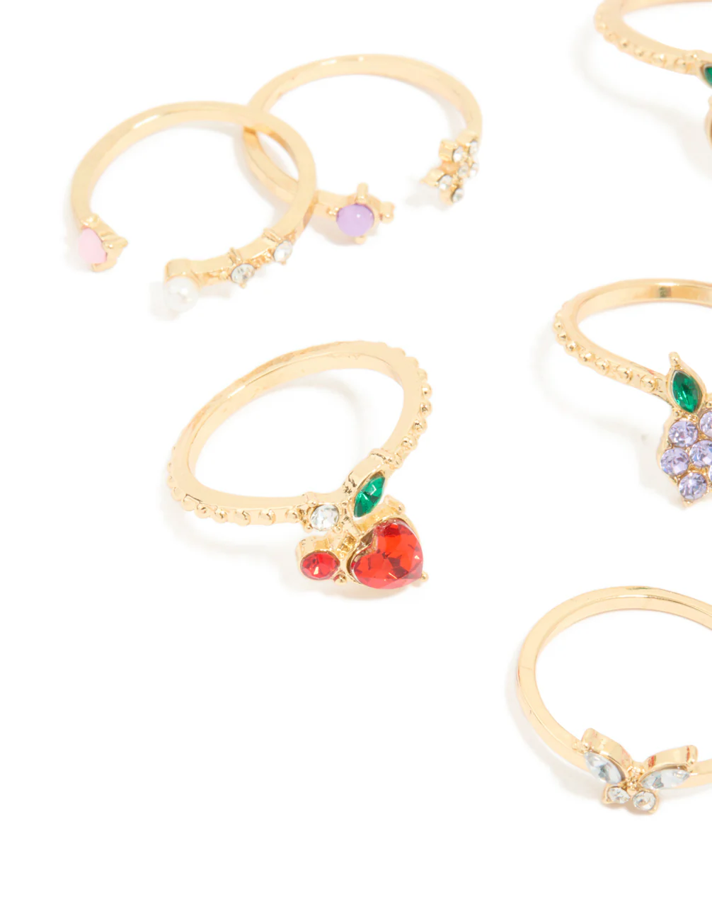 Gold Diamante Mixed Fruit Rings 8-Pack - Image 2