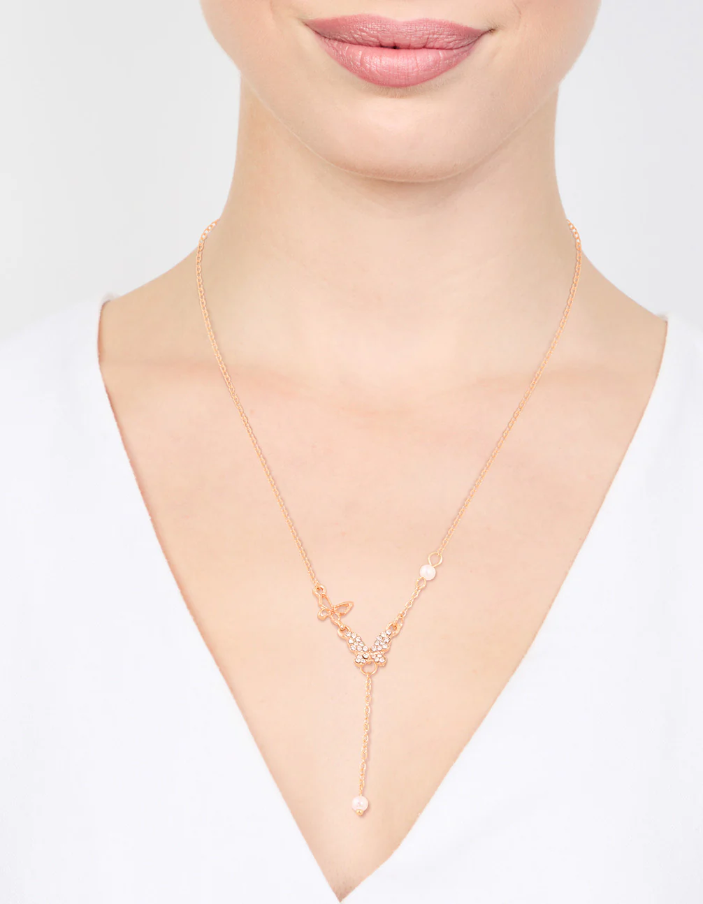 Gold Diamante Pearl Butterfly Y-Necklace - Image 2