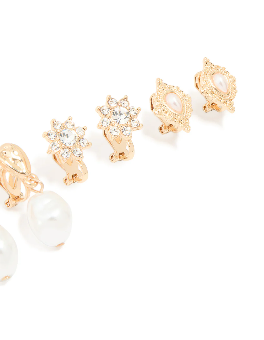 Gold Diamante & Pearl Clip-On Earrings 4-Pack - Image 2