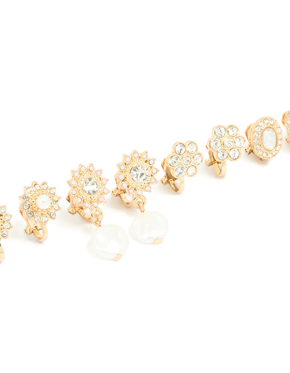 Gold Diamante Pearl Floral Clip On Earrings 4-Pack - Image 2