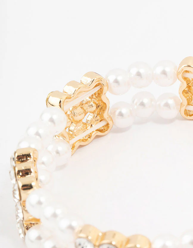 Gold Diamante & Pearl Multiple Layer Bracelet - Image 3