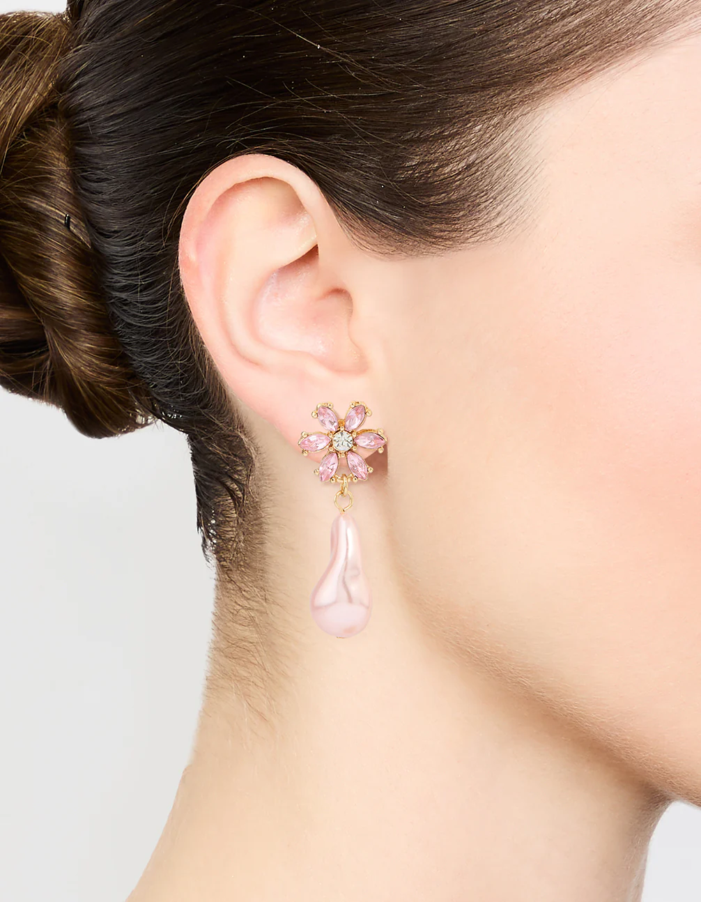 Gold Diamante & Pink Pearl Flower Drop Earrings - Image 2