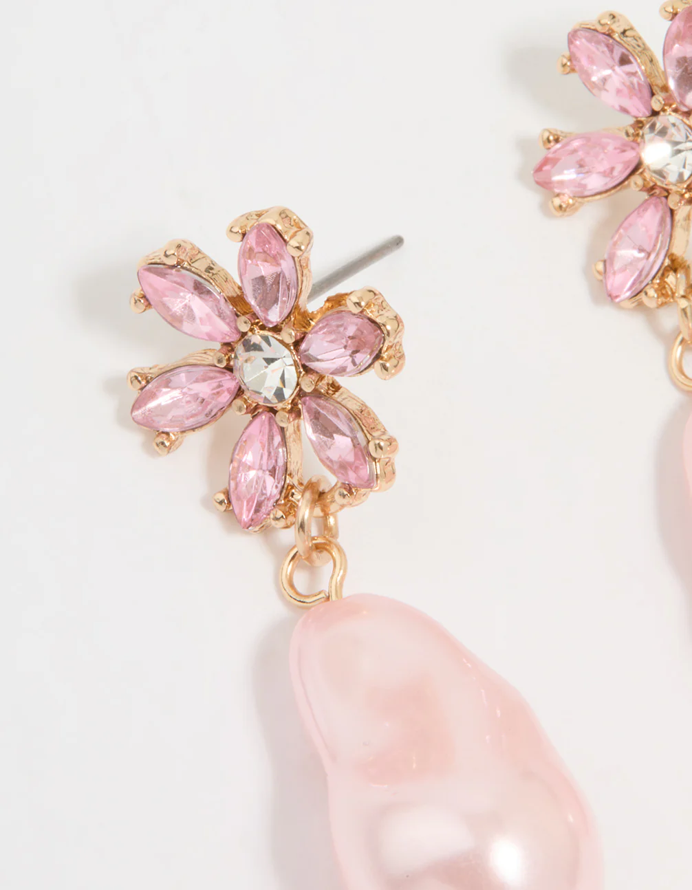 Gold Diamante & Pink Pearl Flower Drop Earrings - Image 4