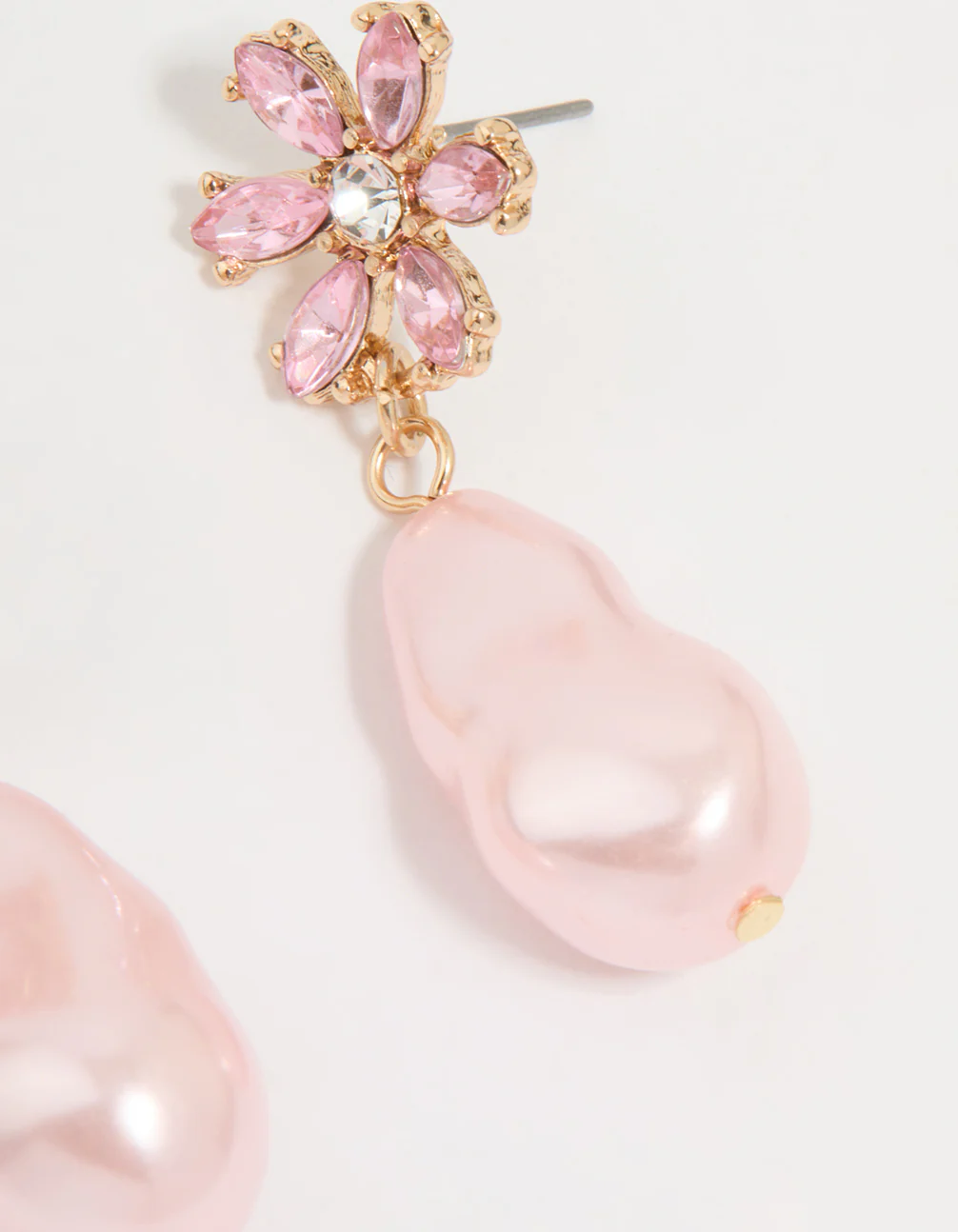 Gold Diamante & Pink Pearl Flower Drop Earrings - Image 5