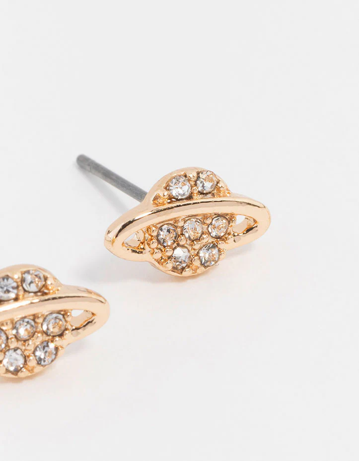Gold Diamante Planet Stud Earrings - Image 3