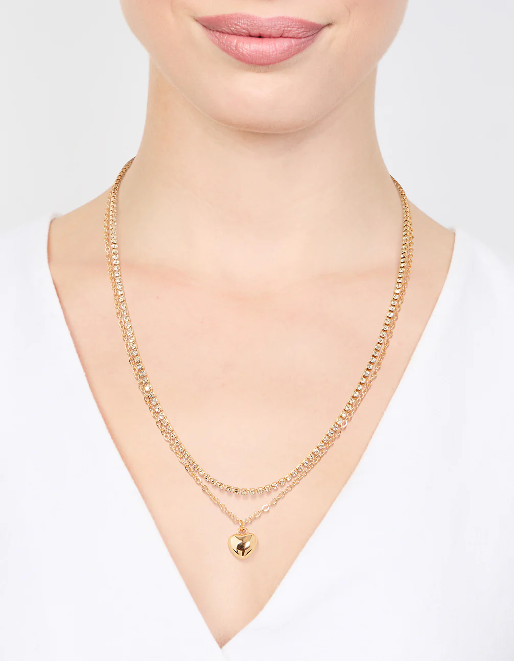 Gold Diamante & Puffy Heart Layered Necklace - Image 2