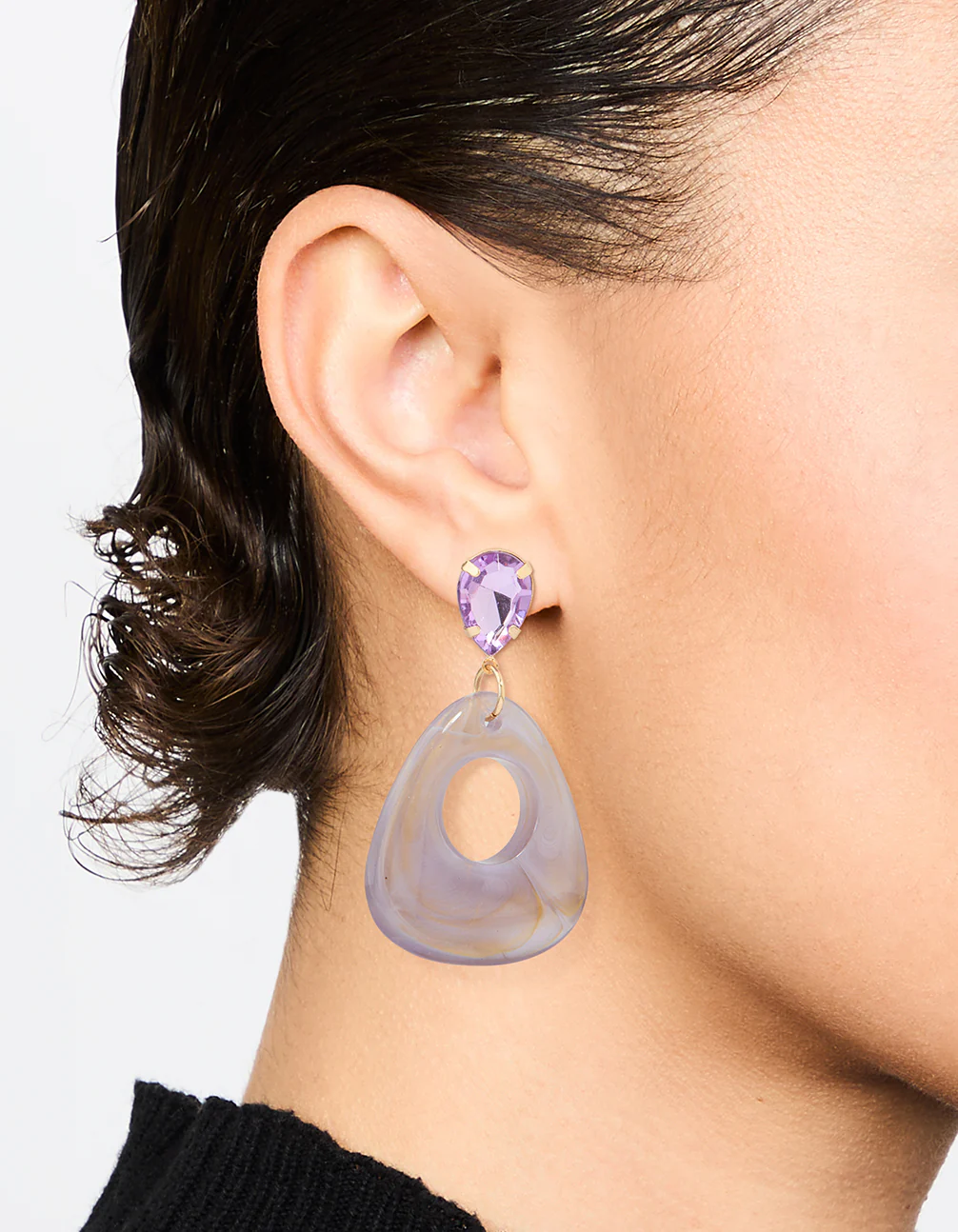 Gold Diamante Purple Acrylic Drop Earrings - Image 2