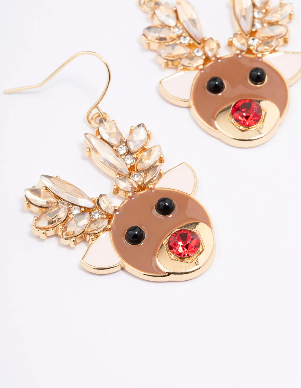 Gold Diamante Red Nosed Reindeer Drop Earrings - Image 2