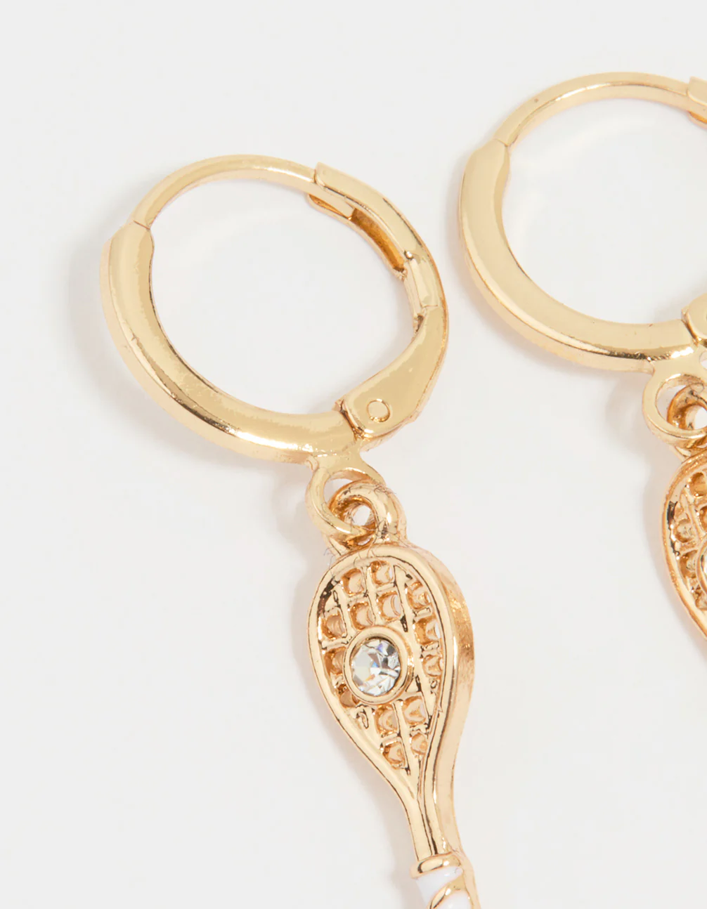 Gold Diamante Tennis Racket Huggie Earrings - Image 2