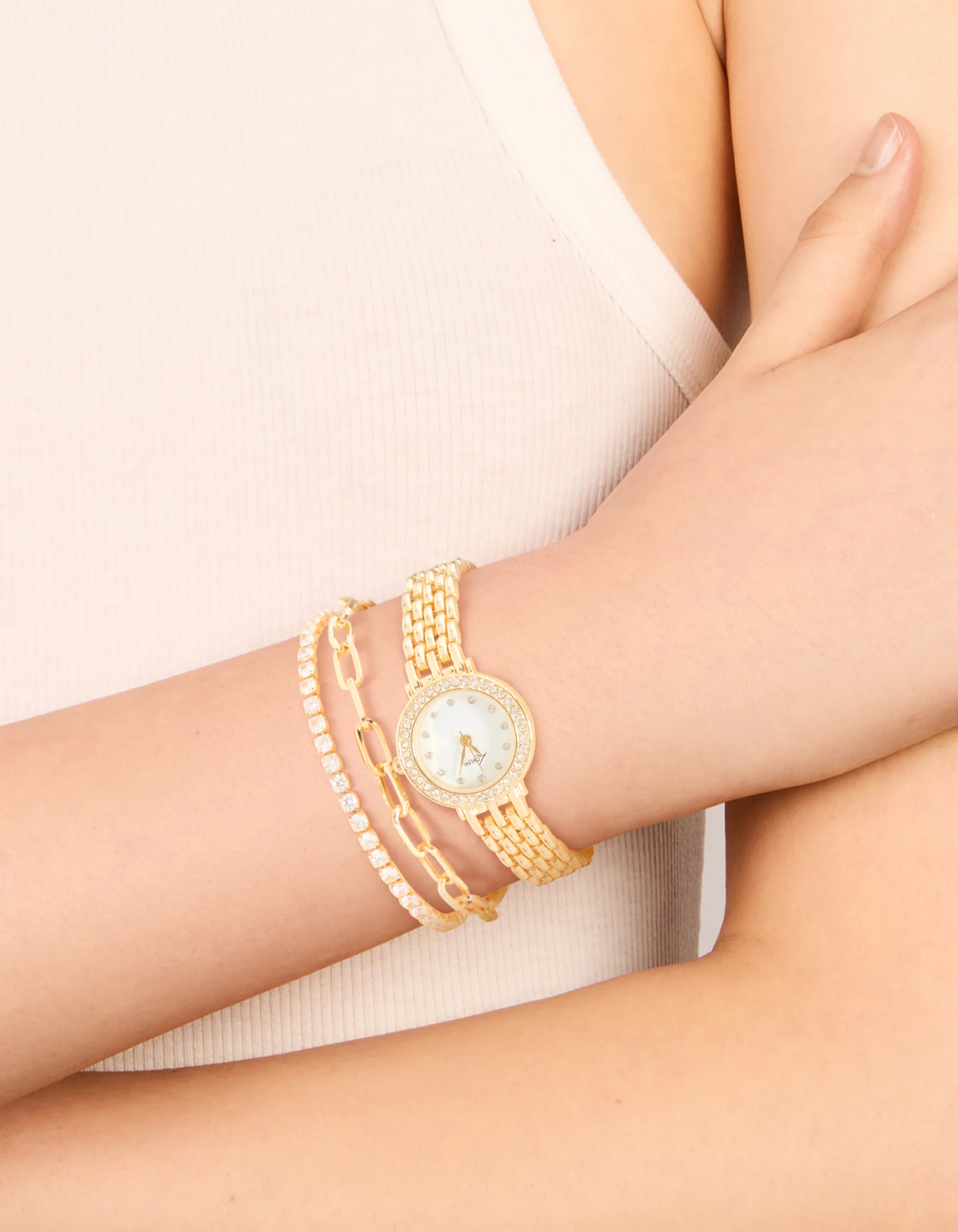 Gold Diamante Watch & Bracelets Set - Image 2