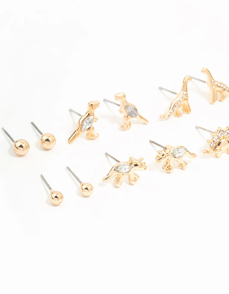 Gold Dinosaur & Diamante Stud Earrings 8-Pack - Image 2