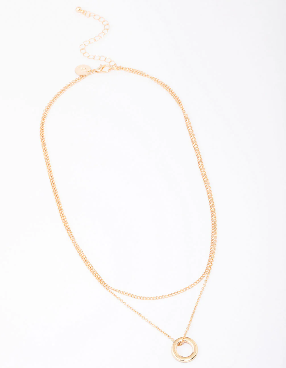 Gold Double Chain Circle Pendant Layered Necklace - Image 2