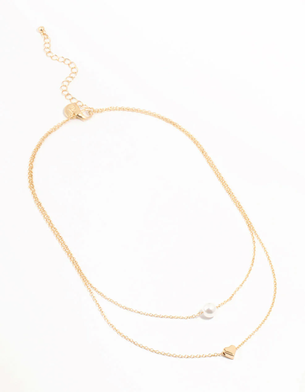 Gold Double Chain Pearl & Heart Necklace - Image 2
