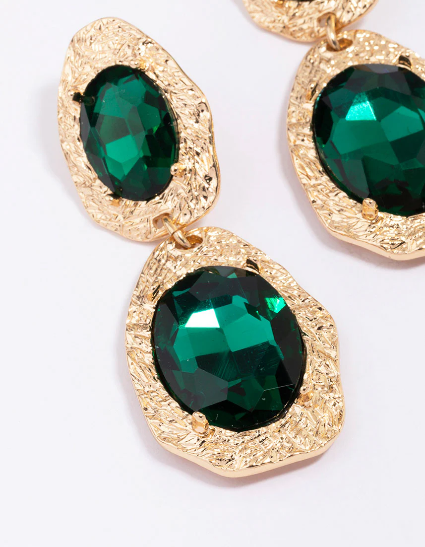 Gold Double Disc Emerald Drop Earrings - Image 2
