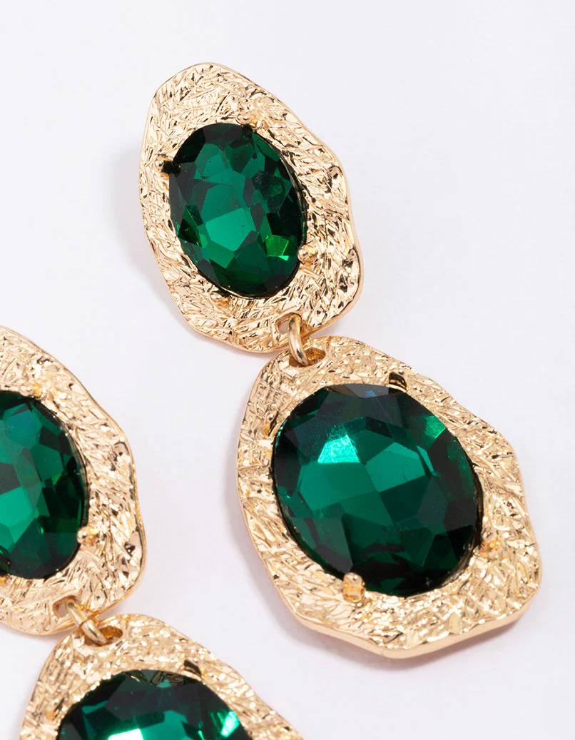 Gold Double Disc Emerald Drop Earrings - Image 3