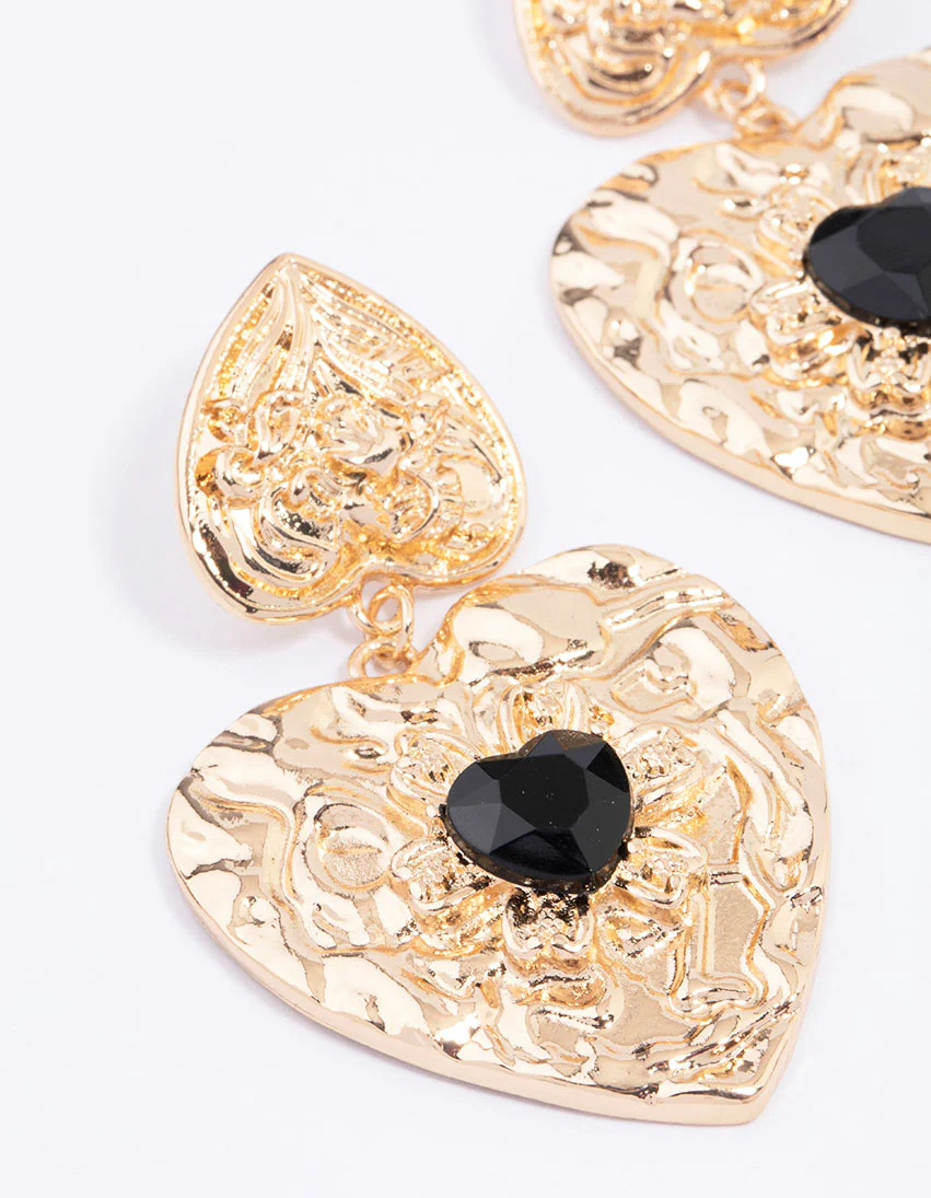 Gold Double Heart Stone Drop Earrings - Image 2