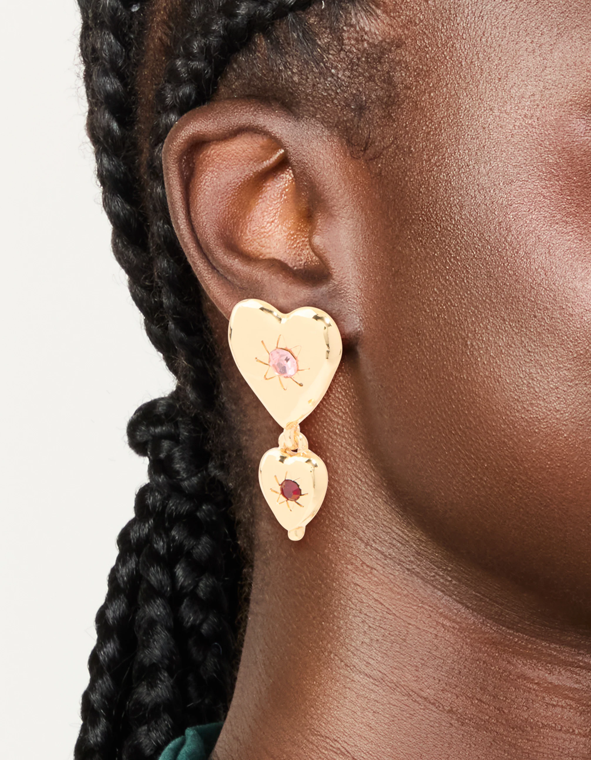 Gold Double Heart With Diamante Star Centre Drop Earrings - Image 2