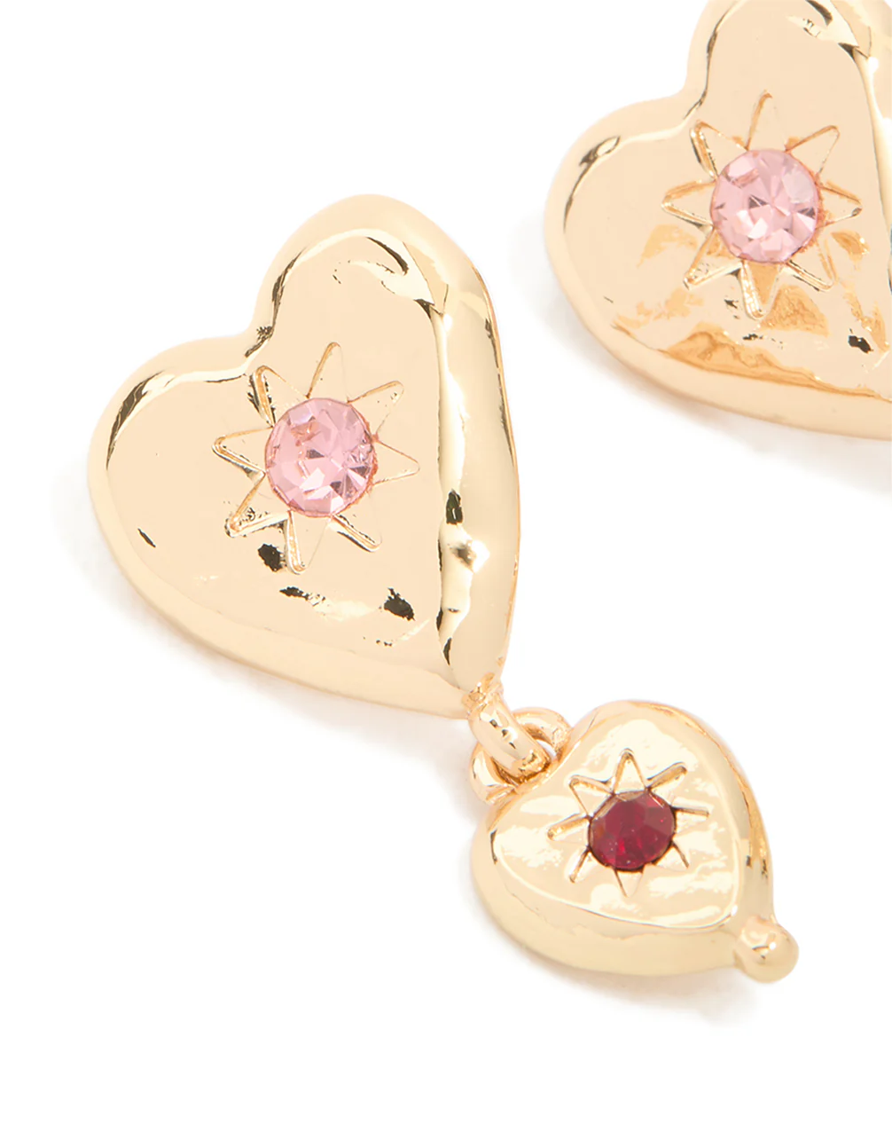 Gold Double Heart With Diamante Star Centre Drop Earrings - Image 4
