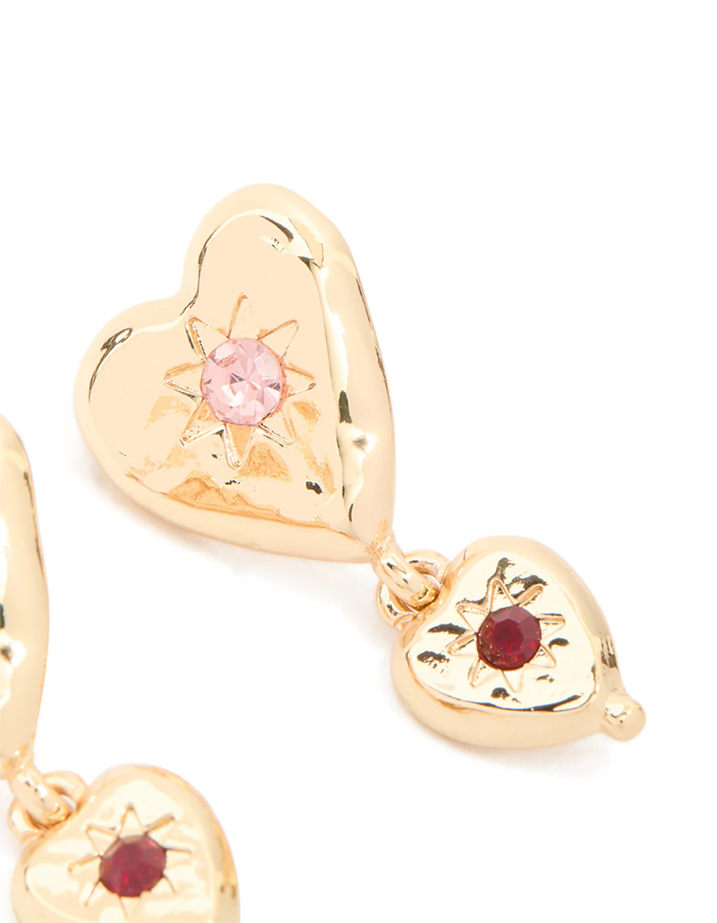 Gold Double Heart With Diamante Star Centre Drop Earrings - Image 5