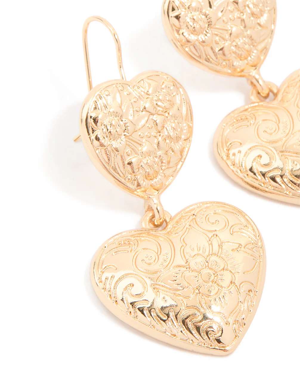 Gold Double Textured Hearts Drop Earrings - Image 4