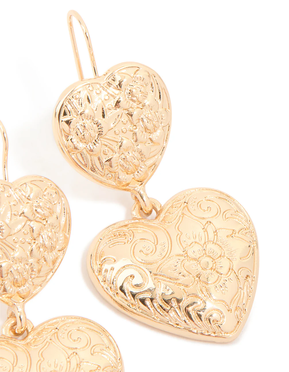 Gold Double Textured Hearts Drop Earrings - Image 5