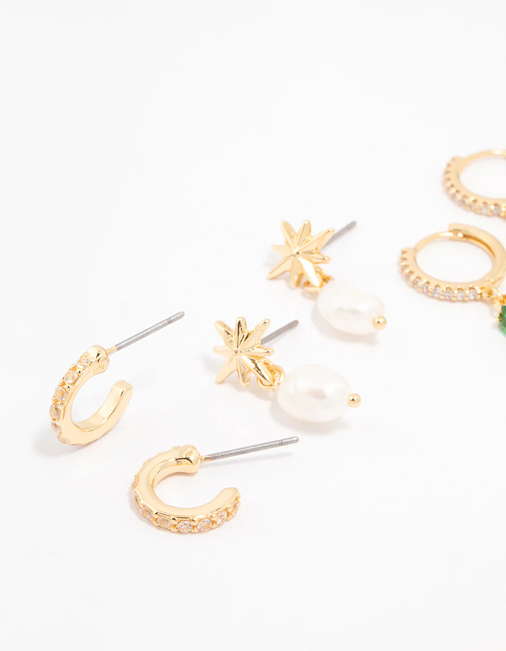 Gold Plated Cubic Zirconia Emerald Baguette Celestial Earrings 4-Pack - Image 2