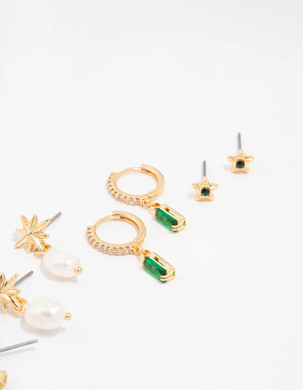 Gold Plated Cubic Zirconia Emerald Baguette Celestial Earrings 4-Pack - Image 3