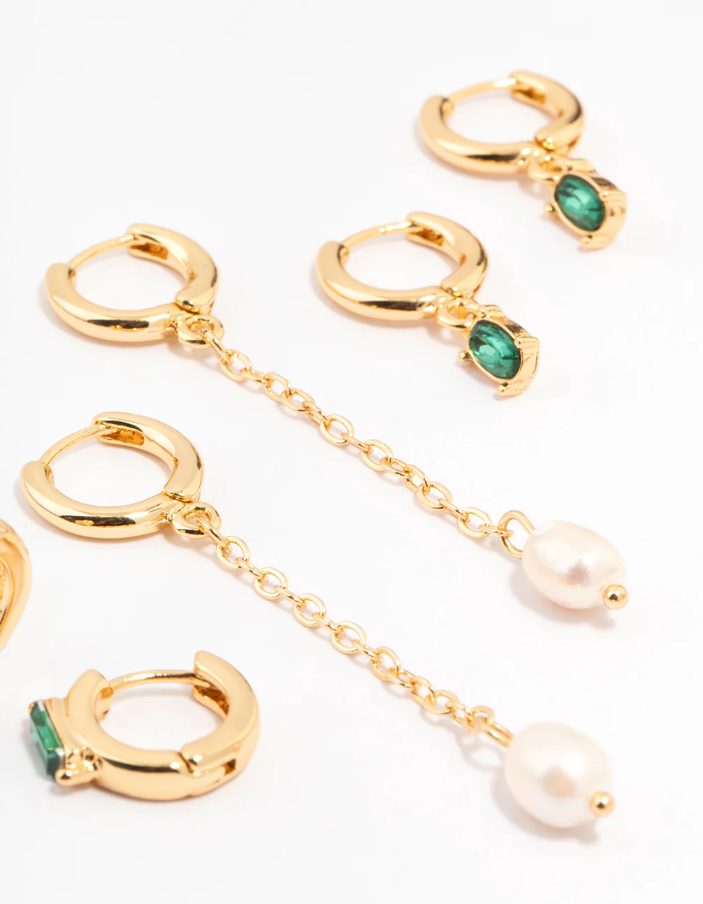 Gold Plated Oval Emerald & Freshwater Pearl Earrings 4-Pack - Image 3