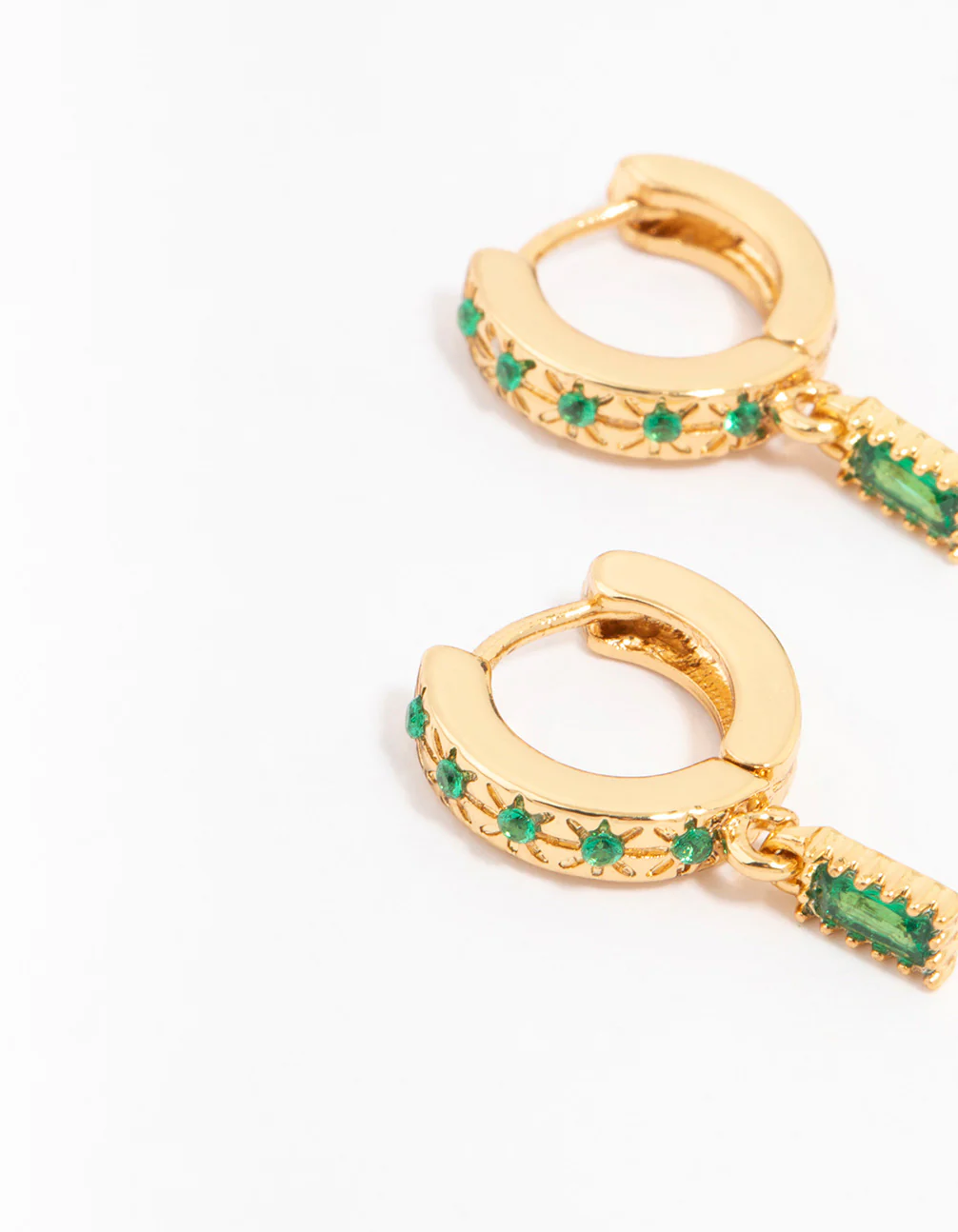 Gold Plated Emerald Baguette Celestial Huggie Earrings - Image 2