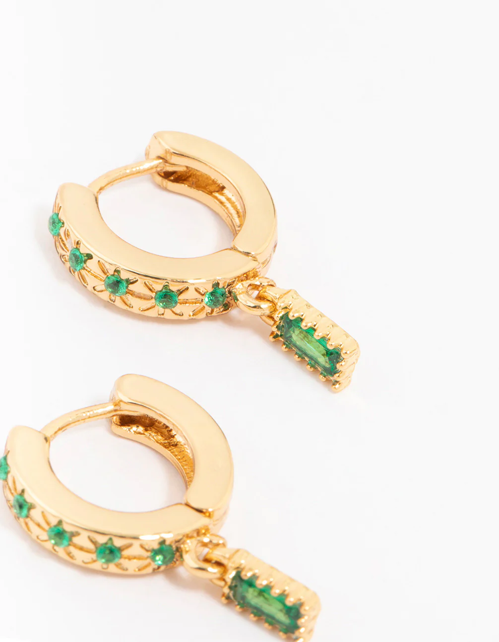 Gold Plated Emerald Baguette Celestial Huggie Earrings - Image 3