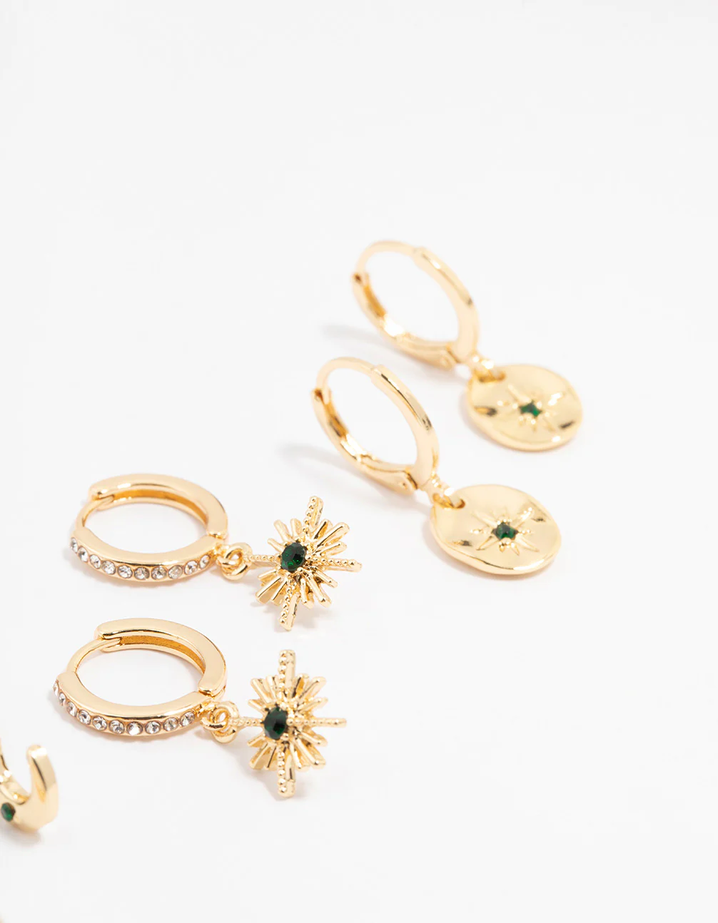 Gold Plated Emerald Celestial Huggie Earrings 3-Pack - Image 3