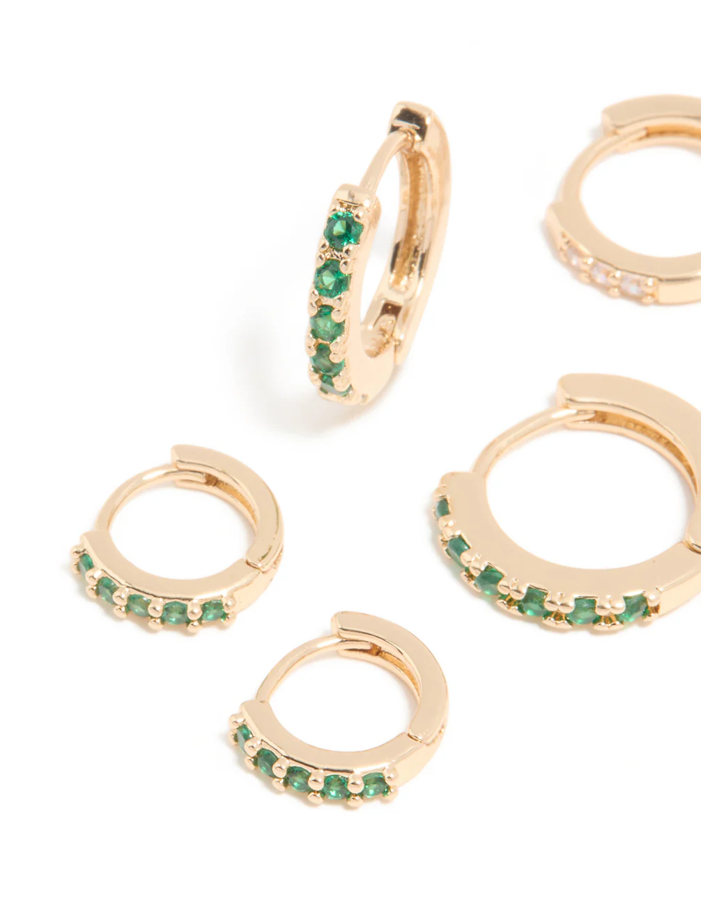 Gold Emerald & Clear Cubic Zirconia Huggie Earrings 3-Pack - Image 4