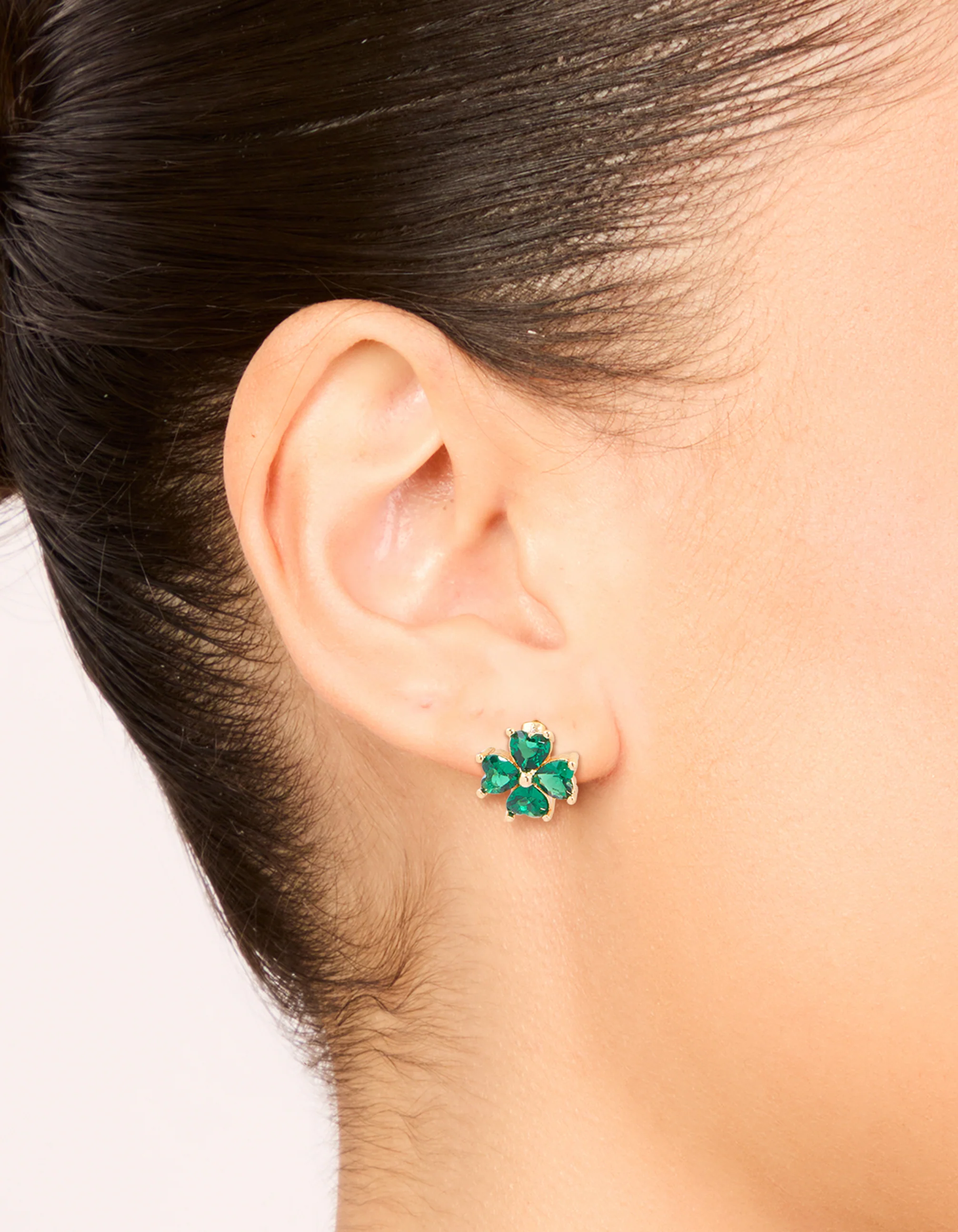 Gold Emerald Cubic Zirconia Clover Huggie Earrings - Image 2