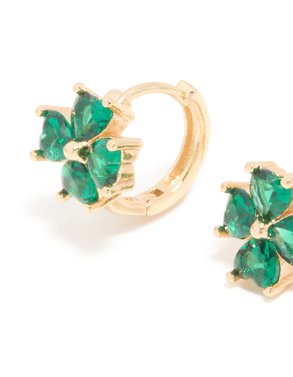 Gold Emerald Cubic Zirconia Clover Huggie Earrings - Image 4