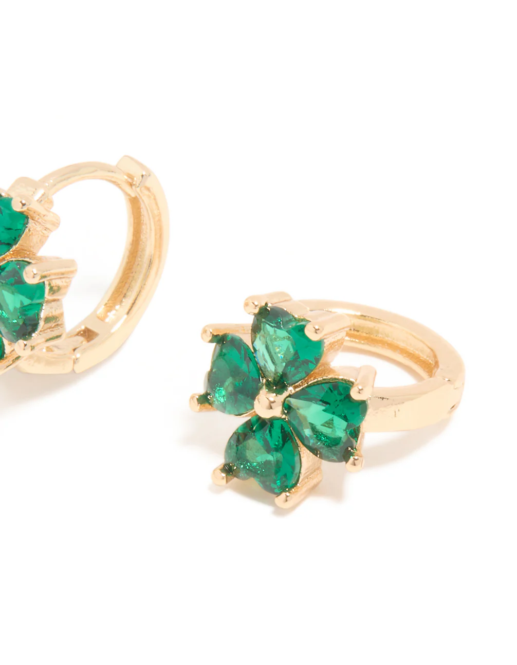 Gold Emerald Cubic Zirconia Clover Huggie Earrings - Image 5