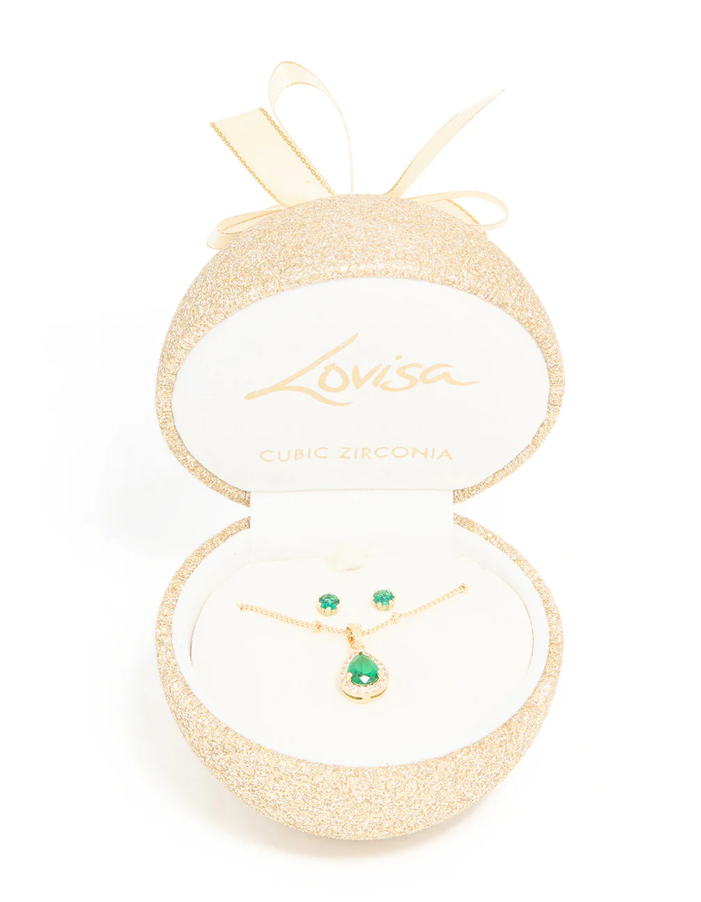Gold Emerald Cubic Zirconia Necklace & Earrings Set - Image 4