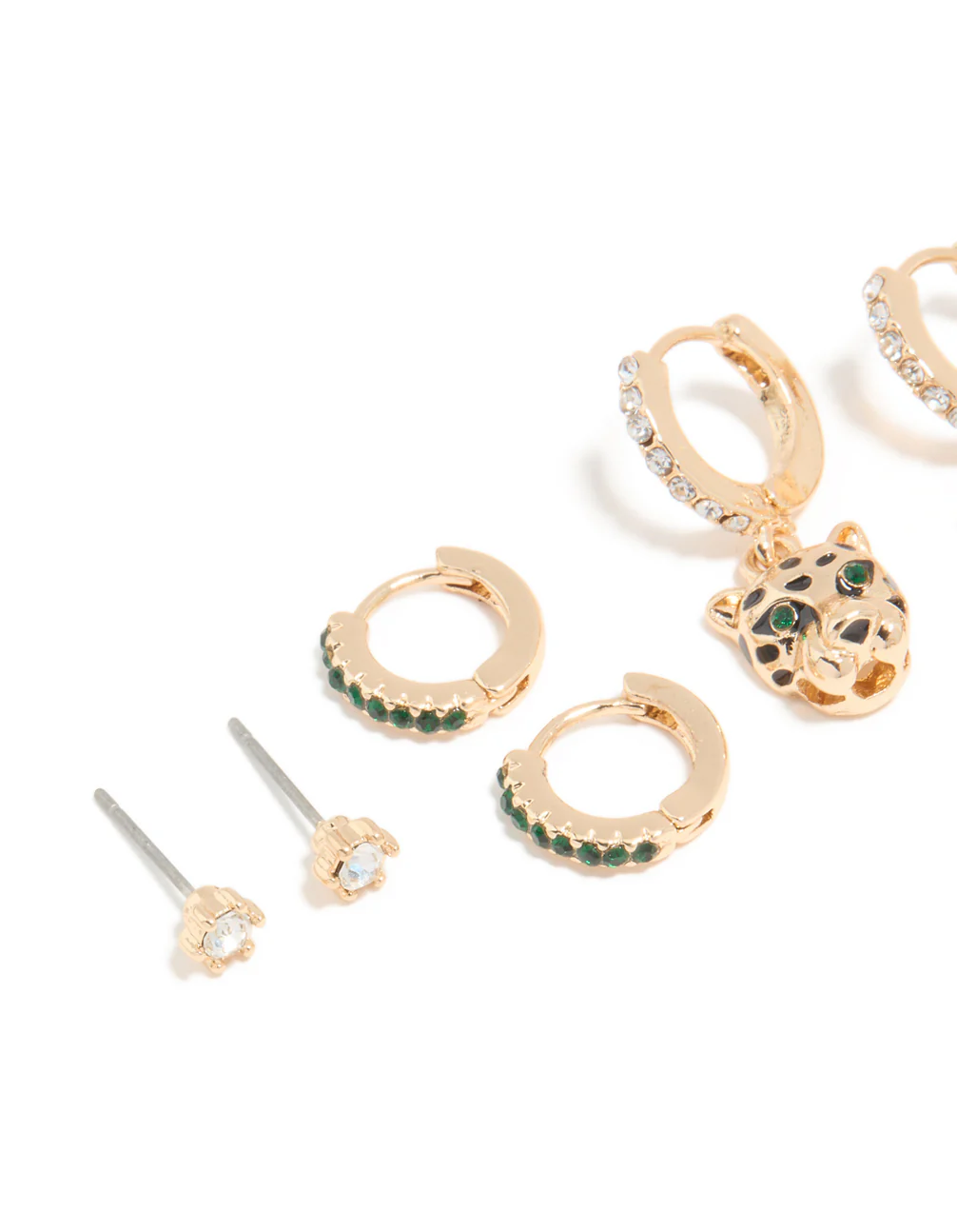 Gold Emerald Cubic Zirconia Panther & Huggie Earrings 4-Pack - Image 2