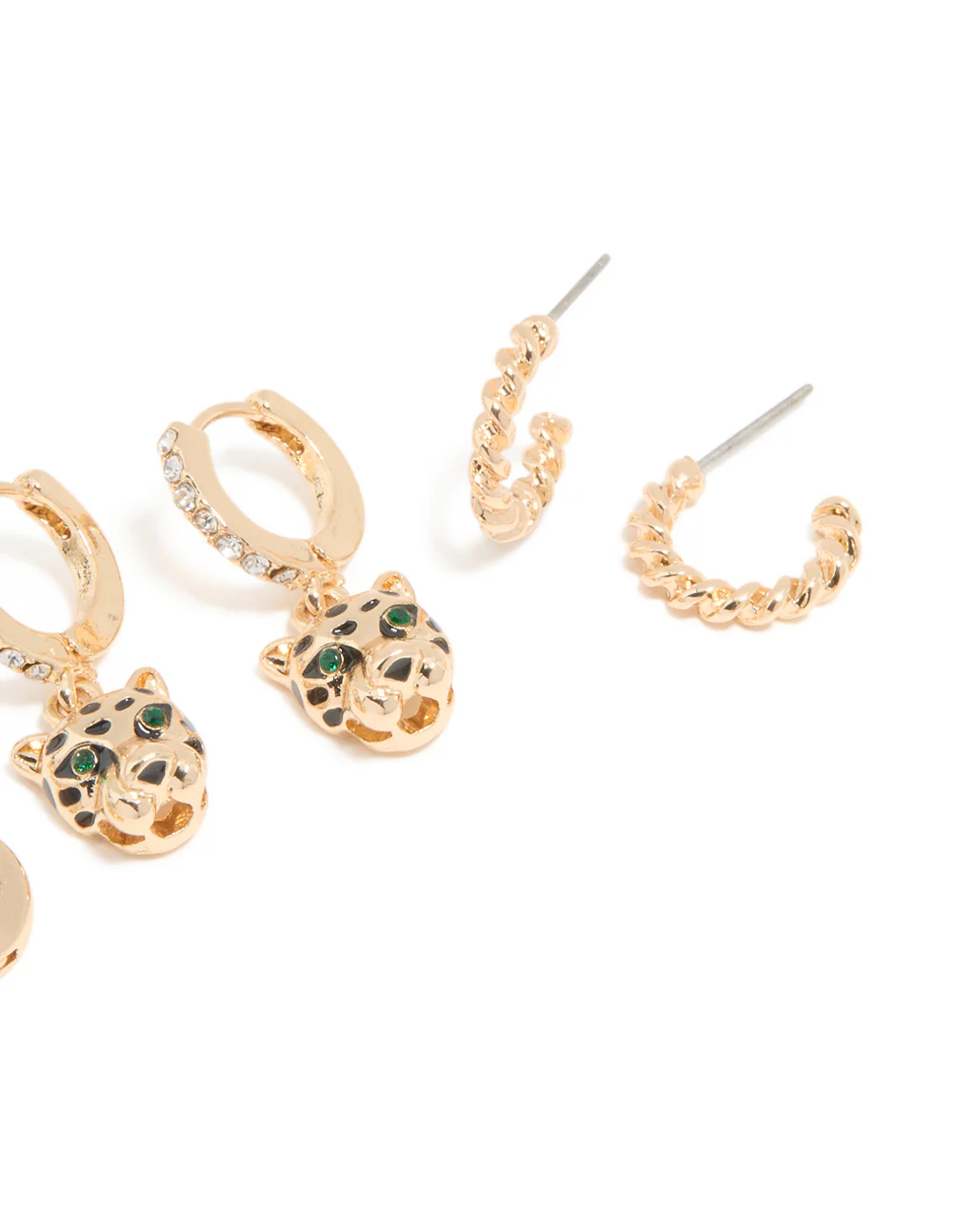 Gold Emerald Cubic Zirconia Panther & Huggie Earrings 4-Pack - Image 3