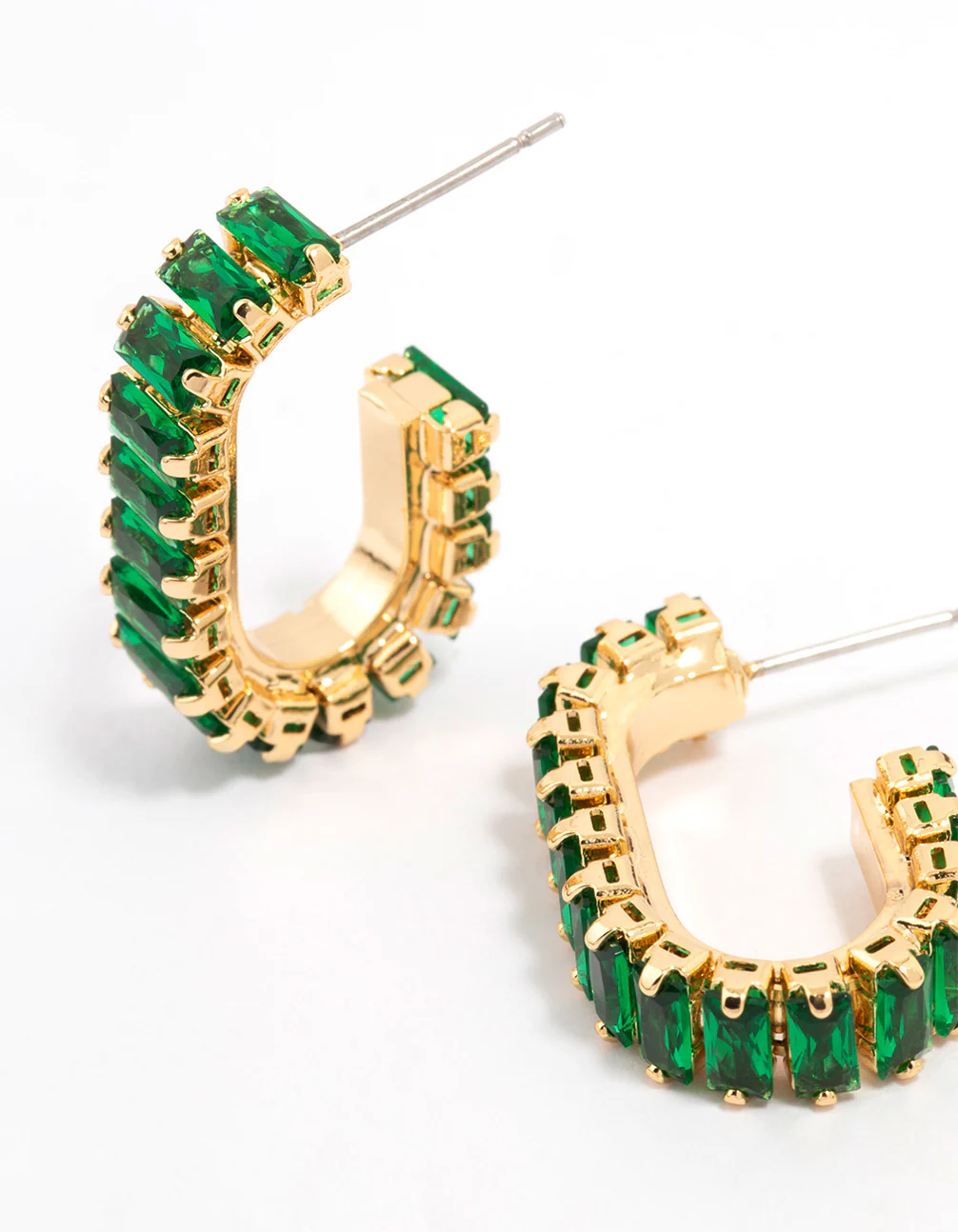 Gold Plated Horizontal Baguette Emerald Oval Hoop Earrings - Image 2
